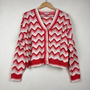 Pink Red & White Chevron Crochet Cardigan with Button Front M Oversized
